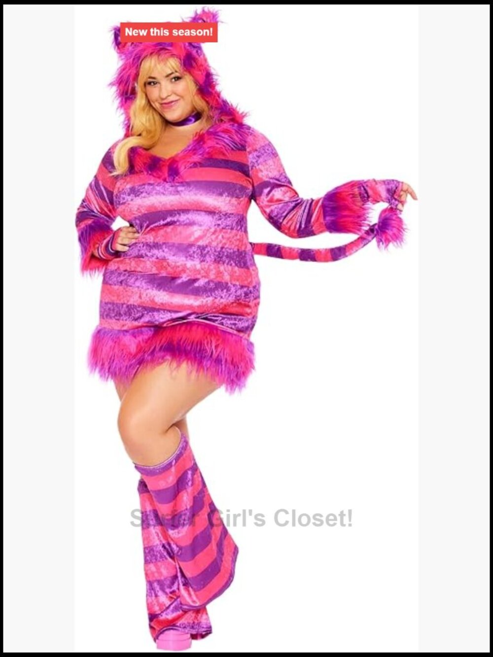 Plus Size Wonderland Magic Cat Costume Hooded Striped Dress Faux Fur Trim